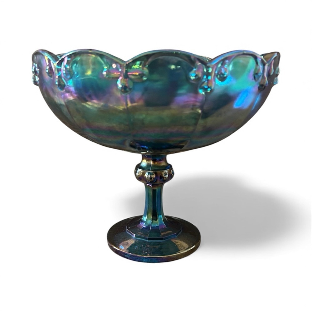 Indiana Glass Iridescent Blue carnival teardrop garland Glass Pedestal dish/bowl